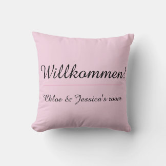 Square Pink Willkommen German Dorm or Apartment Throw Pillow