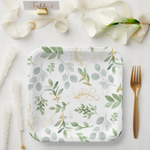 Square Plates - watercolor greenery and faux gold