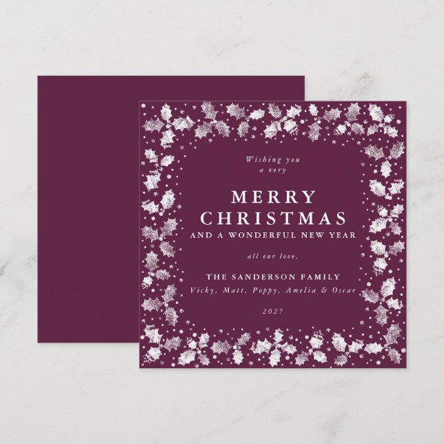 Square Plum Hand Printed Holly Merry Christmas Holiday Card (Front/Back)