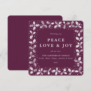 Square Plum Hand Printed Holly Peace Love + Joy Holiday Card