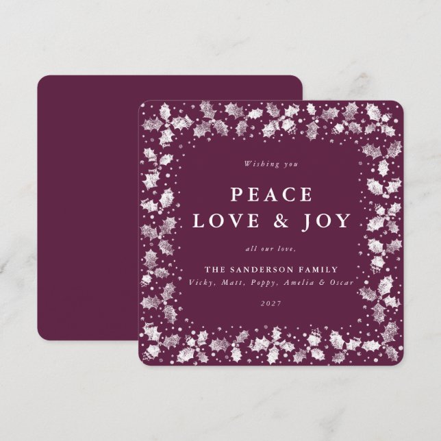 Square Plum Hand Printed Holly Peace Love + Joy Holiday Card (Front/Back)