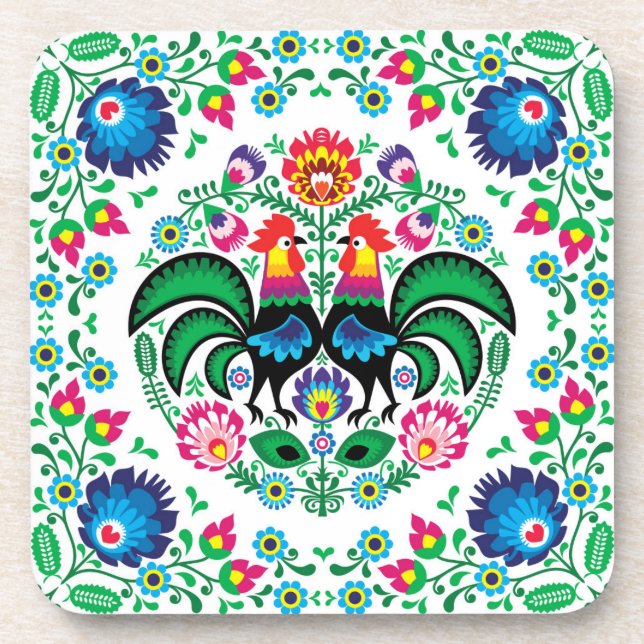 Square Polish Rooster Pattern Coaster (Front)