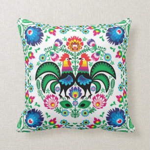 Square Polish Rooster Pattern Throw Pillow