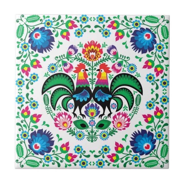 Square Polish Rooster Pattern Tile (Front)