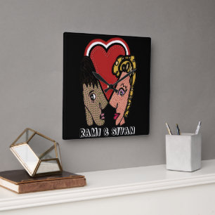 Square Pop Art Couple Clock with Custom Names