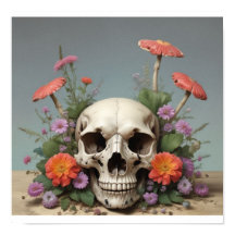 Square Poster - Skull with Mushroom & Flowers 