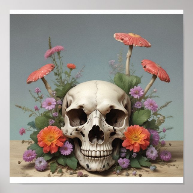 Square Poster - Skull with Mushroom & Flowers  (Front)