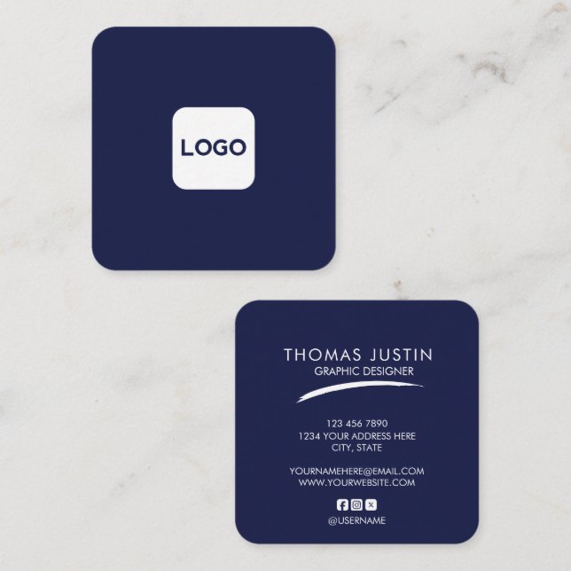 Square professional Blue add your custom logo Business Card (Front/Back)