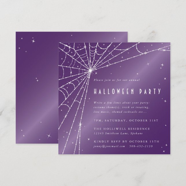 Square Purple Sparkling Spider Web Halloween Party Invitation (Front/Back)