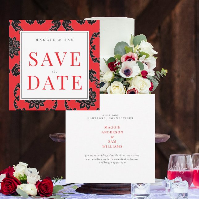Square Red & Black Damask Wedding Save the Date  (Creator Uploaded)