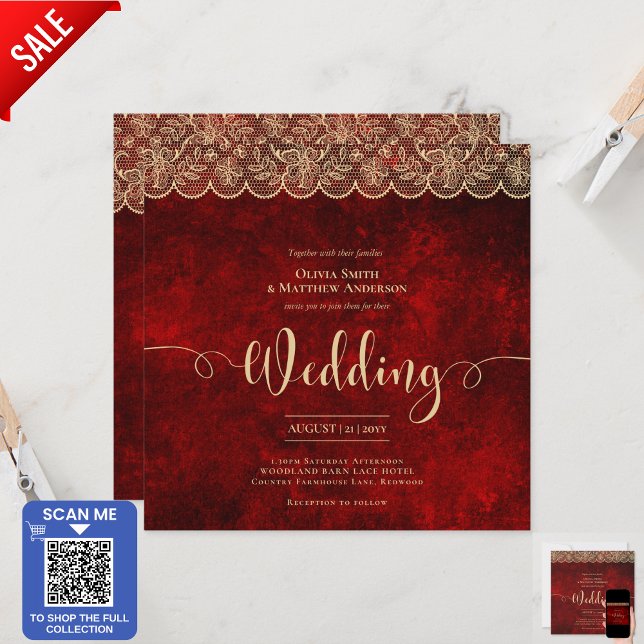 SQUARE RED Gold Lace Wedding Print or DOWNLOAD Invitation (Creator Uploaded)