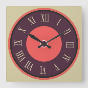 Square Round Purple-Red Roman Numeral Wall Clock