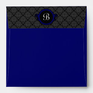 Square Royal Blue Damask Flap Monogram Envelopes