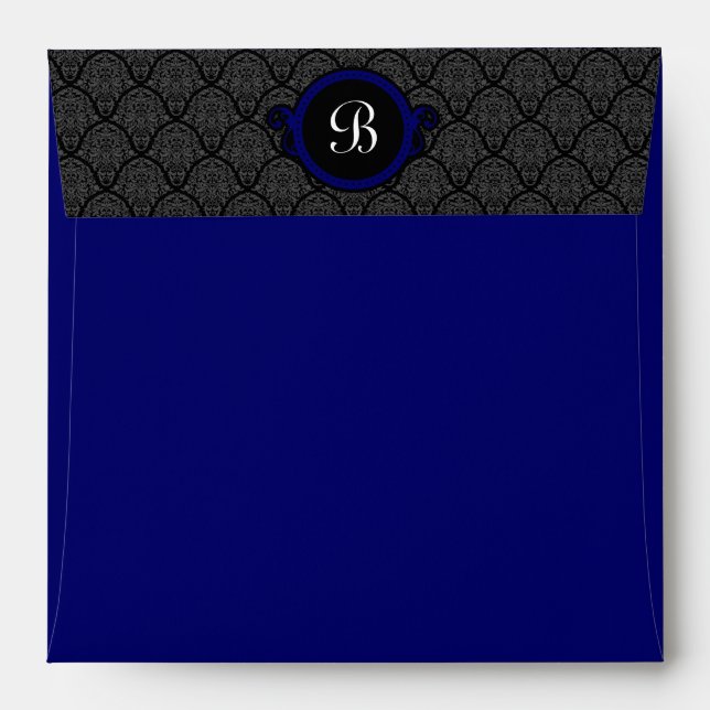 Square Royal Blue Damask Flap Monogram Envelopes (Back (Top Flap))
