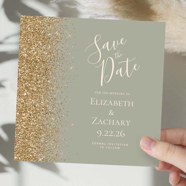 Square Sage Green Gold Glitter Save the Date Announcement (Creator Uploaded)