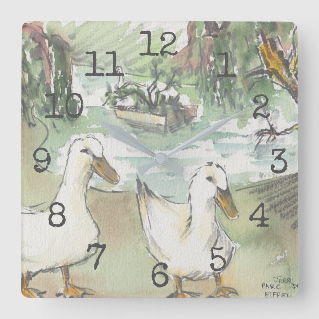 Square Shaped Clock "Watercolor Ducks at Parc" (Front)