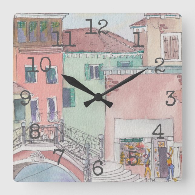 Square Shaped Clock "Watercolor Shopping" (Front)
