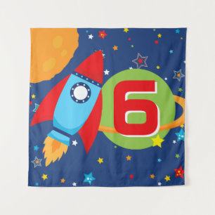 Square Space Rocket Ship Birthday Age Background Tapestry