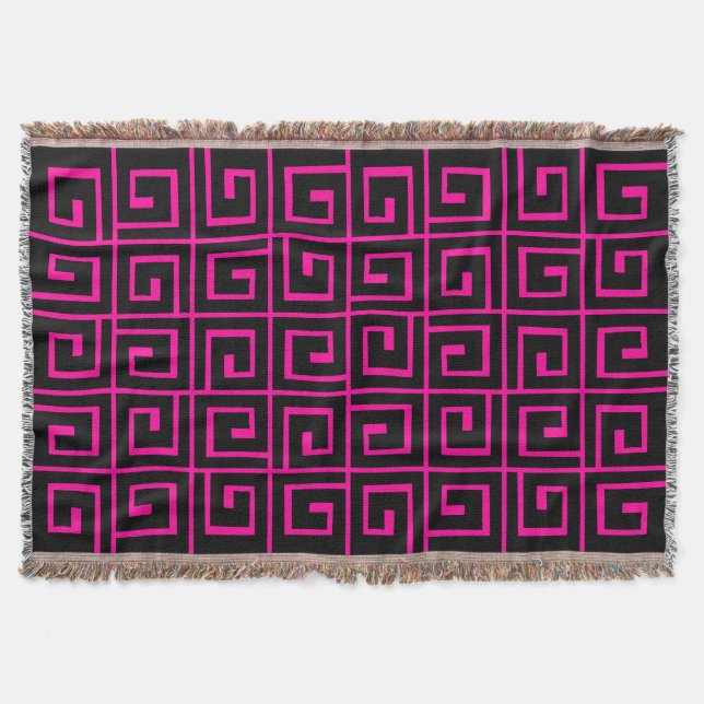 Square Spirals - Black on Hot Pink Throw Blanket (Front)