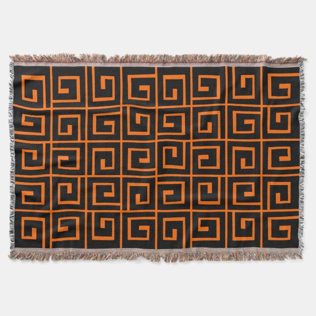 Square Spirals - Black on Orange Throw Blanket (Front)