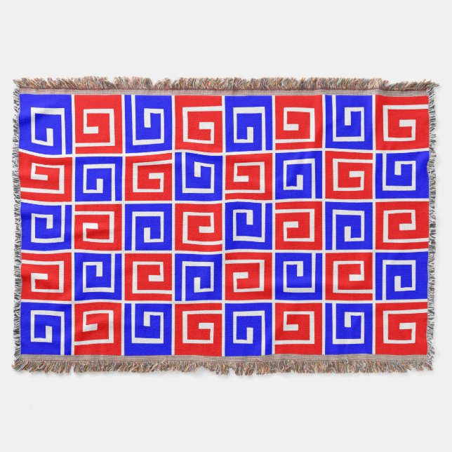 Square Spirals - Red and Blue on White Throw Blanket (Front)
