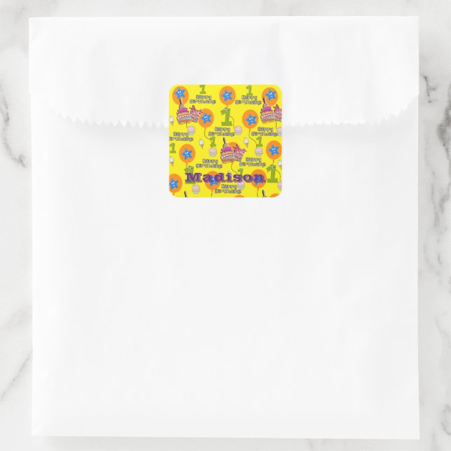 Square Stickers, #1 First Birthday Yellow Sticker (Bag)