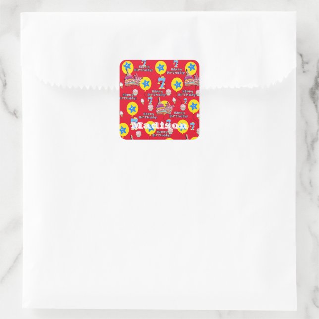 Square Stickers, #7 Happy 7th Birthday Red Sticker (Bag)