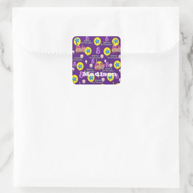 Square Stickers, #8 Happy 8th Birthday Purple Square Sticker (Bag)