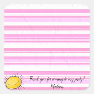 Square Stickers Pink & White Stripe Happy Sun 