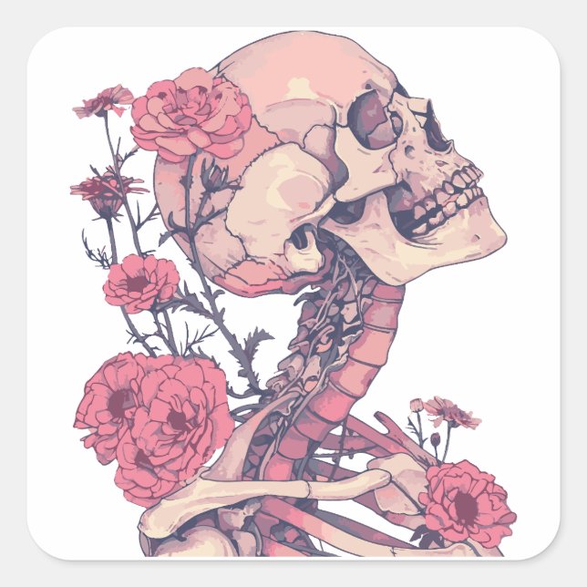 Square Stickers. Skeleton with flowers. Pink color Square Sticker (Front)