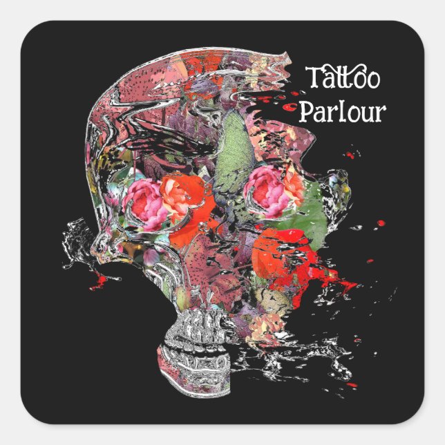 Square Stickers Tattoo parlor skull floral (Front)