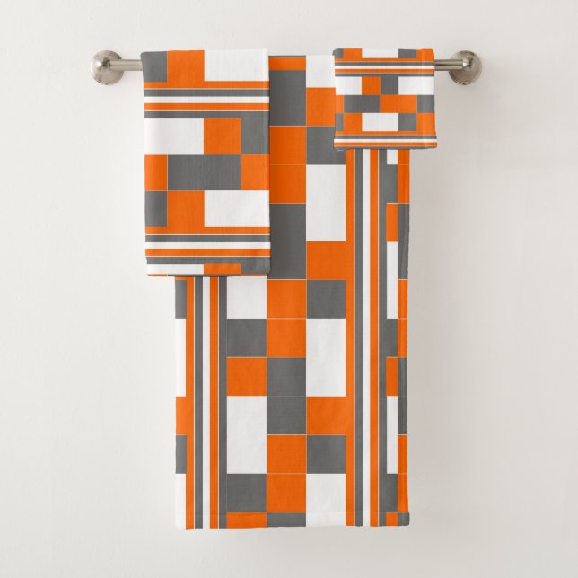Square Stripes Orange Grey White Geometric Pattern Bath Towel Set (Insitu)