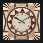 Square Sun Art Deco Clock - Faux Wooden Antique<br><div class="desc">"art deco clock",  "art nouveau clock",  "beige cream brown black",  "1920s geometric symmetrical lines",  "stylish sophisticated 1920 style",  "faux wooden wood sun rays",  "retro vintage antique sunburst",   "elegant line pattern design",  "square clock",  "neutral old fashioned"</div>