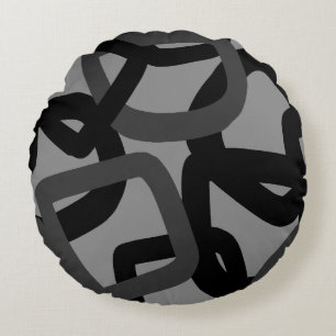 Square Tangle Black & Charcoal Grey Round Pillow