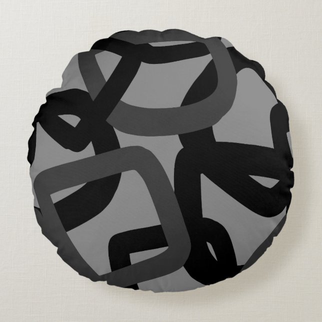 Square Tangle Black & Charcoal Grey Round Pillow (Front)