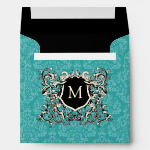 Square Teal Blue Black Damask Monogram Envelopes