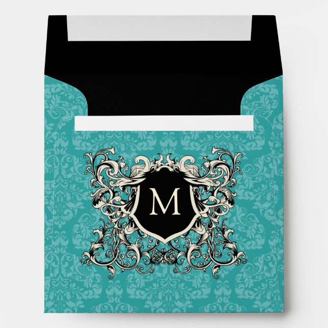 Square Teal Blue Black Damask Monogram Envelopes (Back (Bottom))