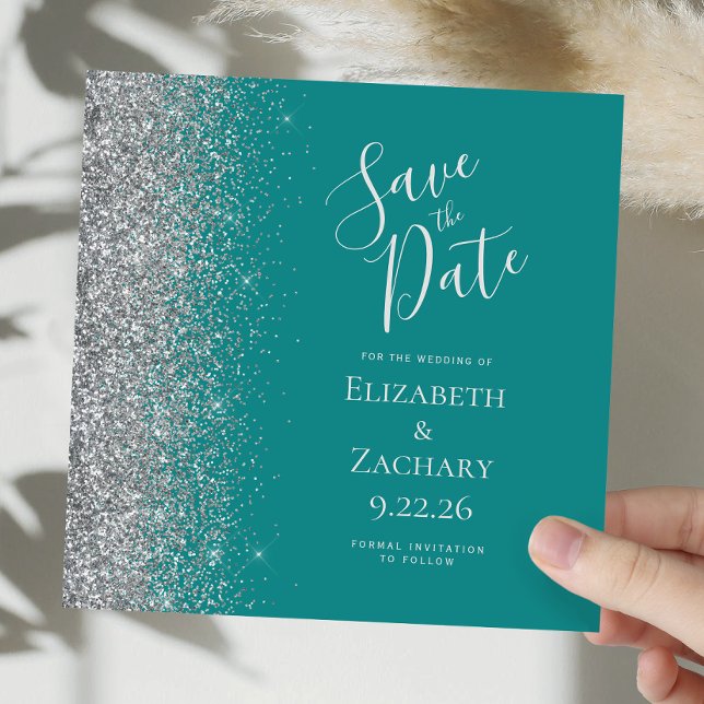 Square Teal Blue Silver Glitter Save the Date Announcement (Creator Uploaded)