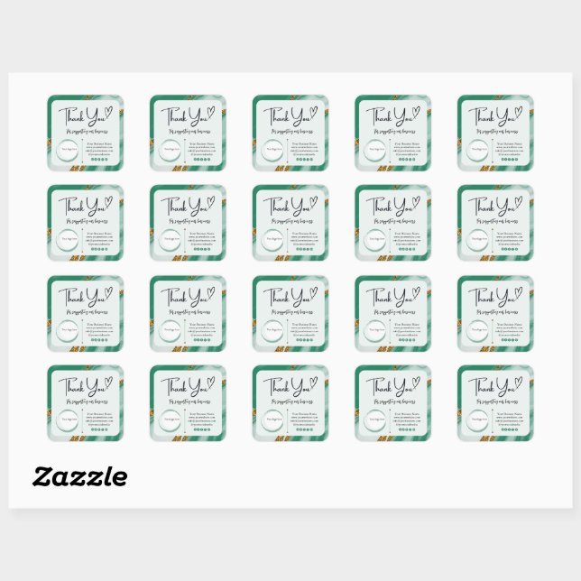 Square Thank You Business Stickers - Green Marble  (Sheet)