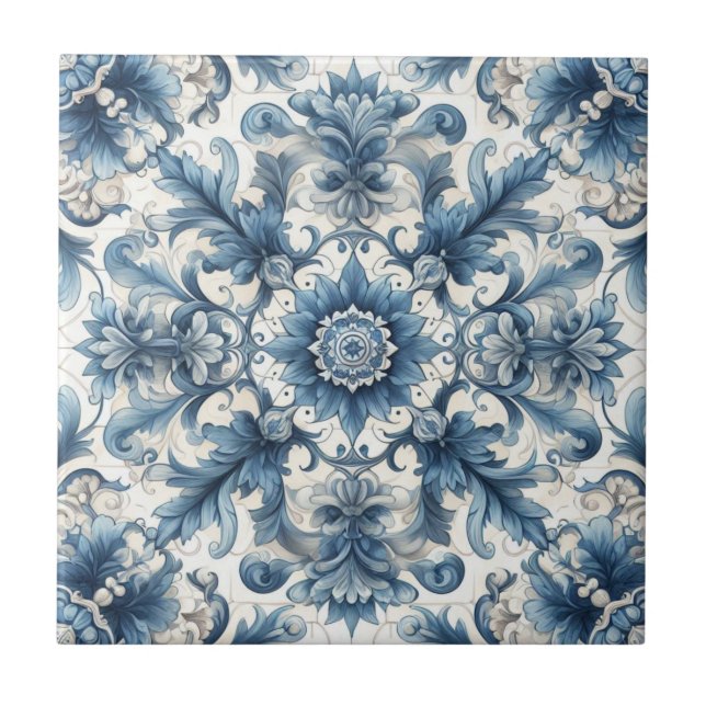 Square Tile With Vintage Blue And White Design (Front)