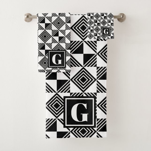 Square Triangle Geometric Black White Monogram Bath Towel Set (Insitu)