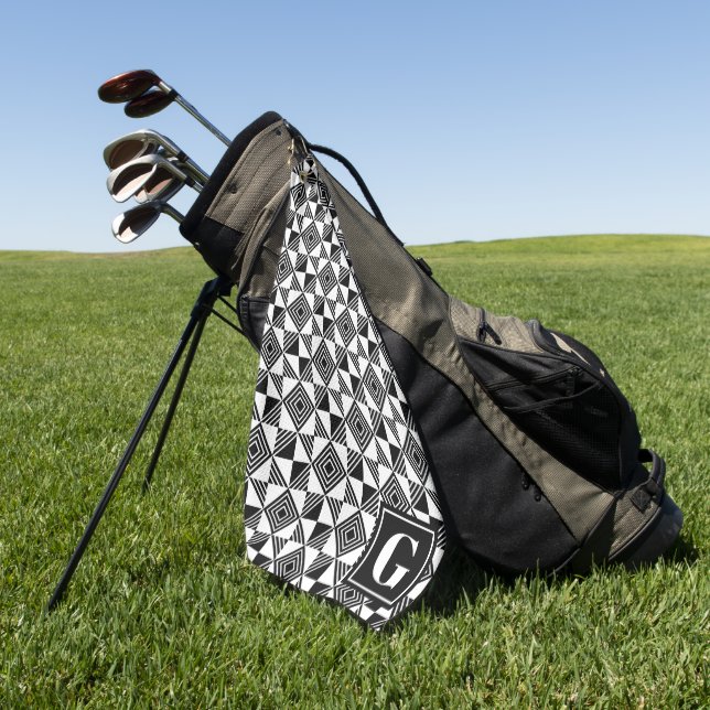 Square Triangle Geometric Black White Monogram Golf Towel (Green)