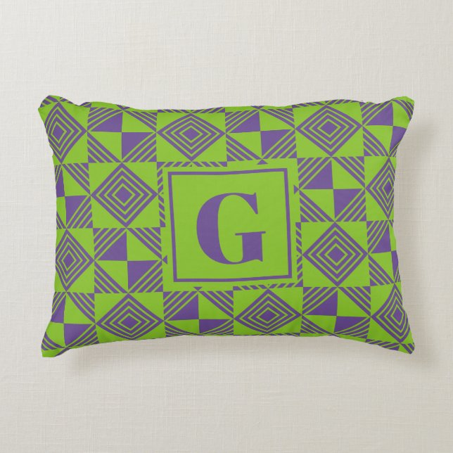Square Triangle Geometric Green Purple Monogram Accent Pillow (Front)
