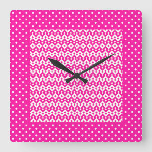 Square Wall Clock, Candy Pink Zigzags, Polka Dots Clock