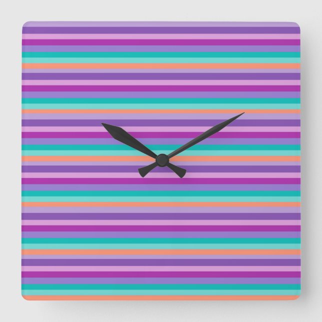 Square Wall Clock Colourful Purple Stripes (Front)
