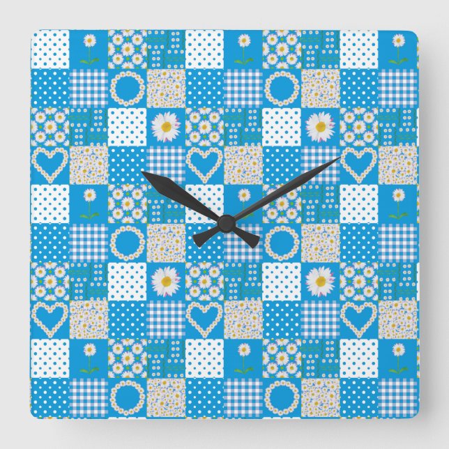 Square Wall Clock: Daisy Chains, Faux Patchwork Clock (Front)
