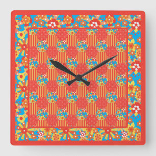 Square Wall Clock, Ditzy Orange Floral Patchwork Square Wall Clock