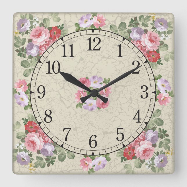 Square wall clock - floral design (Front)
