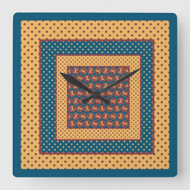 Square Wall Clock, Gold-effect Horses, Polka Dots Clock (Front)