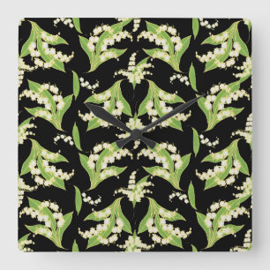 Square Wall Clock: Lilies of the Valley on Black Clock